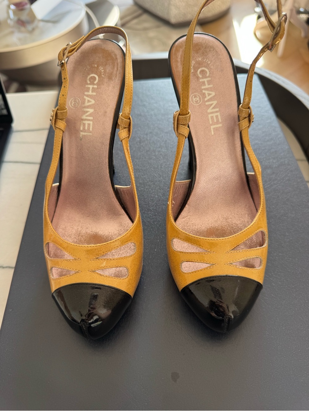 CHANEL Two-Tone Slingback Pumps in Mustard and Black Patent